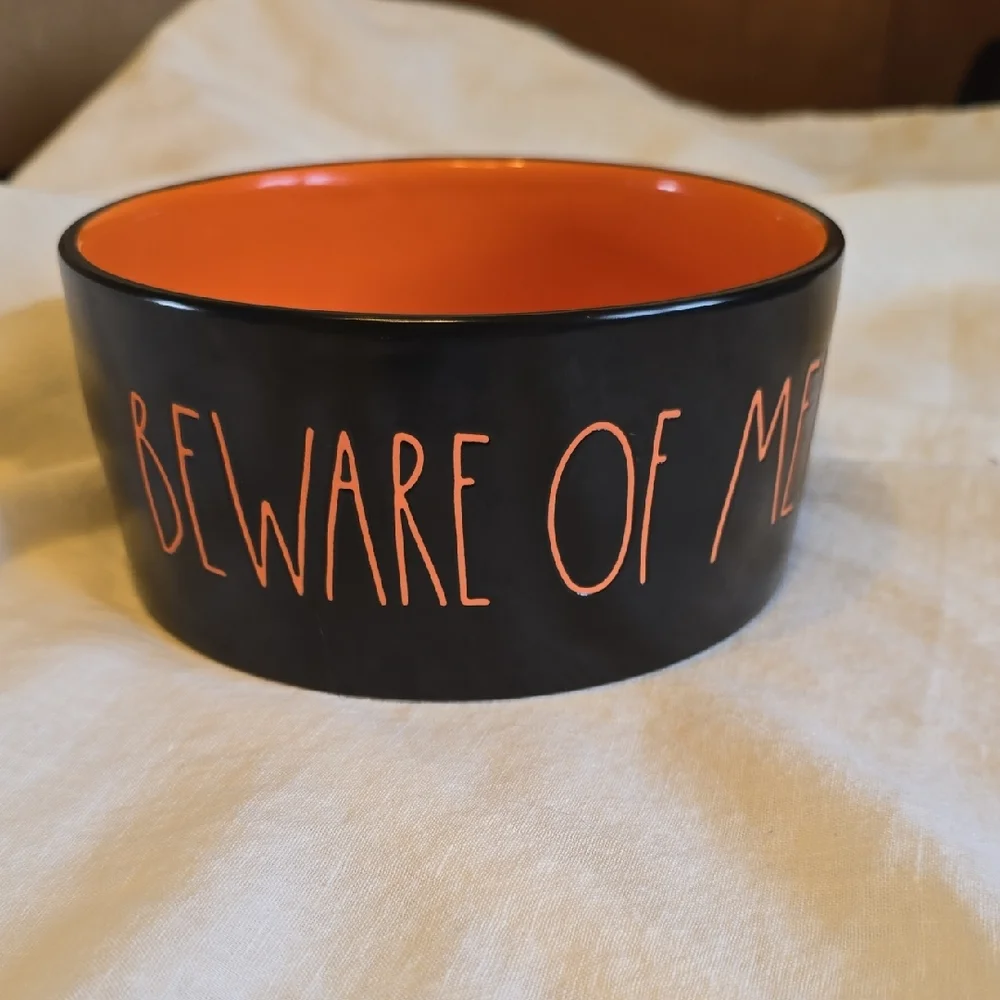 Rae Dunn Beware Of Me Black And Orange Ceramic Halloween Pet Bowl